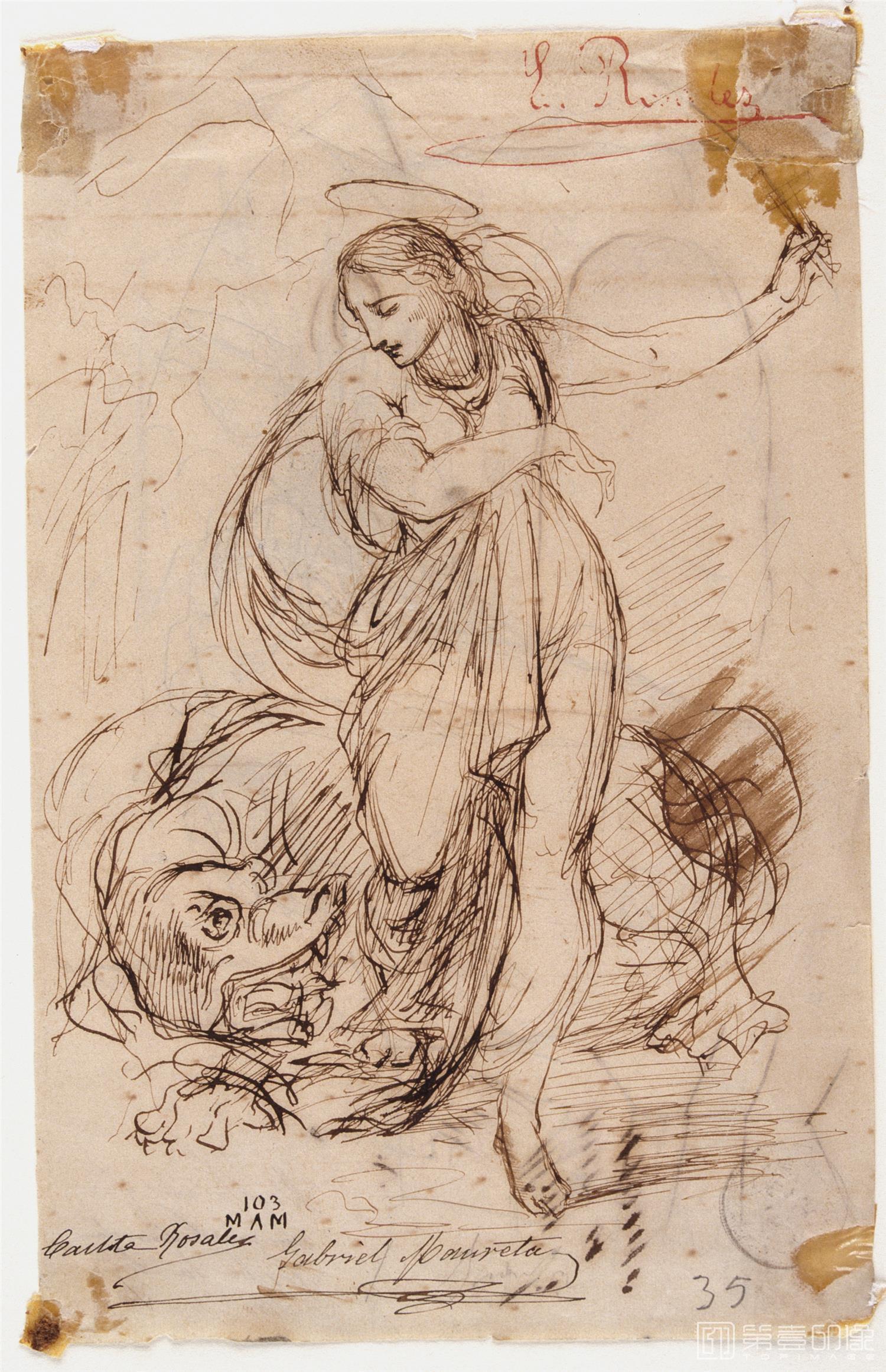 素描-西班牙普拉多美术馆素描藏画-Rosales Gallinas, Eduardo-Santa Margarita y el dragon-1663